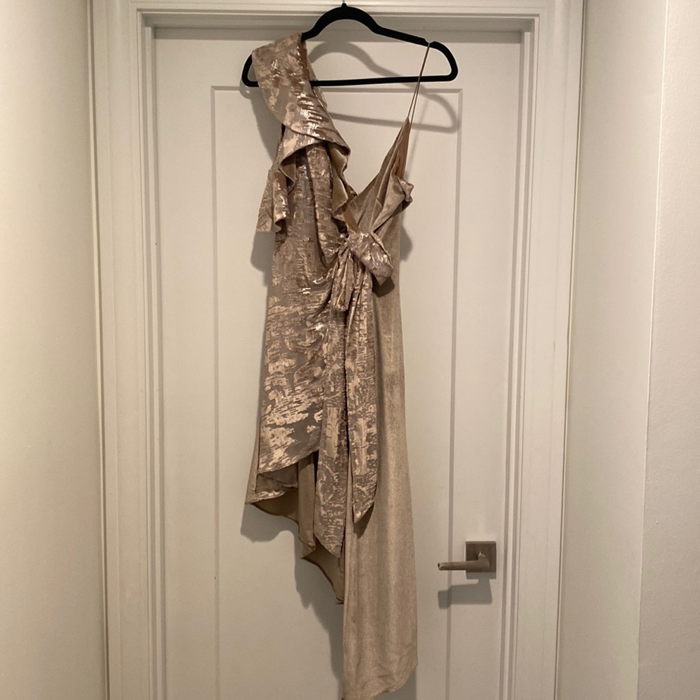 Self-Portrait Gold Velvet Devore Asymmetrical Wrap Dress - Size 4 - Picture 4 of 9